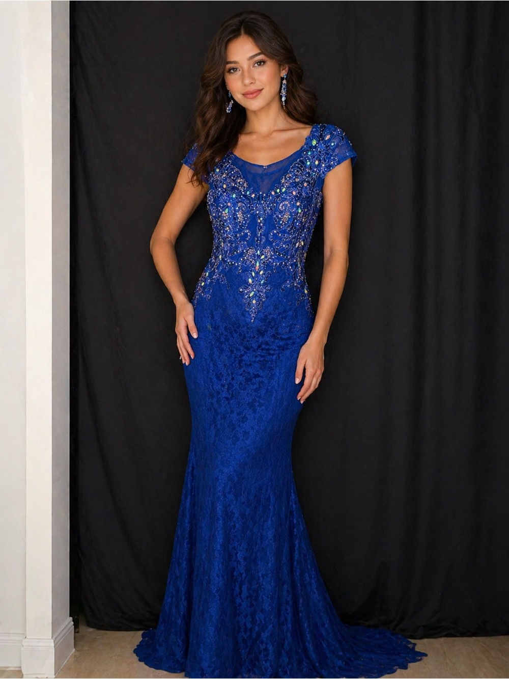 New Lace Blue with Gold Accents and Rhinestones Formal Gown